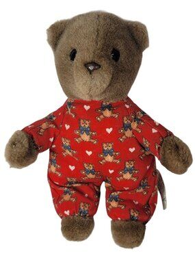 Eden Teddy Bear Plush Dark Brown 8" Red Pajamas Heart & Puppy Print Vintage 1989